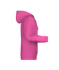 A pink men's hoodie featuring a hood and long sleeves, with a side view showcasing its design and shape.