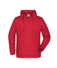 A red men's hoodie featuring a front pocket and a drawstring hood. It includes a logo on the front.
