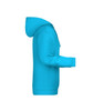 A vibrant blue men's hoodie with a hood, featuring a side view and long sleeves. It has a logo on the front.