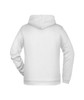 A white men's hoodie featuring a hood and a branded logo on the back.