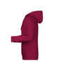 A maroon men's hoodie with a kangaroo pocket and a hood, featuring a side view and a logo on the chest.