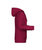 A red hoodie featuring a hood and kangaroo pocket, displayed from the side with a branding logo.