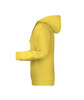 A yellow men's hoodie with a front pocket and attached hood, featuring a logo.