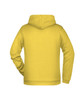 A yellow men's hoodie featuring a hood and long sleeves, with a plain back and a logo.