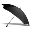 A black sports umbrella with a curved canopy and a straight handle, featuring a logo on the shaft.