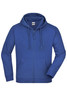 A blue hooded jacket with a zip front, featuring a front pocket and a logo on the chest.