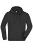 A black hooded jacket with a zip front and raglan sleeves, featuring a logo on the chest area.