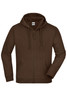 A brown hooded jacket with a zip-up front, kangaroo pockets, and a logo on the label.