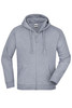 A grey hooded jacket featuring a zip front, long sleeves, and a logo on the chest.