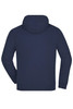 A dark navy hooded jacket with a smooth surface and raglan sleeves, featuring a hood and a simple design.