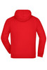A red hooded jacket with a plain back design and a fitted hood. It features a logo on the back.