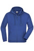 A blue hooded jacket featuring a zip front and drawstring. The jacket has a simple design and includes a logo.