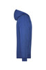 A blue hooded jacket featuring a kangaroo pocket and ribbed cuffs. It has a logo on it.