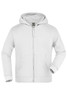 A white hooded jacket with a zip front and pockets, featuring a logo on the left side.