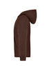 A brown hooded jacket with a side view, featuring a hood and a pocket, and has a logo.