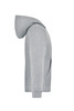 A grey hooded jacket for juniors, featuring a side view and a kangaroo pocket, with an attached hood.
