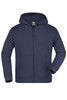 A hooded jacket in navy blue, featuring a zip front and side pockets. The jacket has a branded label inside.