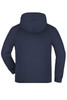 A navy hooded jacket junior with a simple design and a back view showcasing the hood and sleeves. It has a logo.