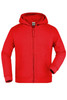 A red hooded jacket with a zip and pockets. It features a logo on the label.