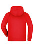 A red hooded jacket for juniors, featuring a spacious hood and long sleeves. It includes a logo on the back.