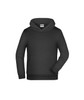 A dark grey children's hoodie with a front pocket and a hood. It features a logo on the label.