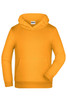 An orange children's hoodie with a front pocket and a hoodie. It features a logo on the chest area.