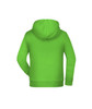 A vibrant green children's hoodie with a hood and long sleeves, featuring a branded logo.