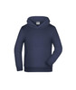 A navy blue children's hoodie with a front pocket and a hood, featuring a logo.