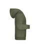 An olive green children's hoodie with a front pocket and a hood, featuring a logo.