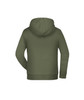 An olive green children's hoodie featuring a kangaroo pocket and a hood at the back. It has a logo.