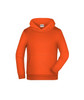 An orange children's hoodie with a front pocket and a hood, featuring a logo.