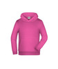A pink children's hoodie with a front pocket and a hood. It features a logo on the label.