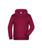 A maroon children's hoodie featuring a front pocket and a hood, with a logo on the label.
