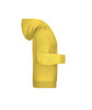 A yellow children's hoodie featuring a kangaroo pouch and a hood. It includes a logo on the front.
