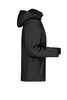 A black men's softshell jacket featuring a hood and zippered pockets, shown from the side. The jacket has a logo.