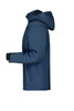 A men's winter softshell jacket in navy blue with a hood and zippered pockets. Features a logo on the arm.