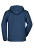 A navy men's winter softshell jacket featuring a hood and a smooth back design. It has a logo on the back.