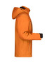 An orange men's winter softshell jacket with a hood, featuring a zippered pocket and black cuffs.