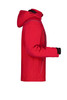 A red men's winter softshell jacket featuring a hood, with a sleek design and contrasting detailing.