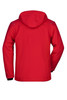 A red men's winter softshell jacket featuring a hood and a logo on the back.