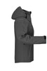 A grey ladies winter softshell jacket with a hood, featuring a side view and a logo on the sleeve.