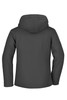 A grey ladies winter softshell jacket with a hood, featuring a back view design and a simple logo.