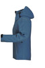 A blue ladies winter softshell jacket with a hood, featuring a sleek design and a logo on the side.