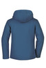 A blue ladies winter softshell jacket featuring a hood and a logo on the back.