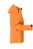 An orange softshell jacket with a hood and zippers, featuring a logo on the front.