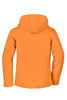An orange ladies winter softshell jacket featuring a hood and a logo on the back.