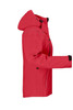 A ladies softshell jacket in bright red with a hood and black accents, featuring a logo.