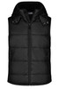 A black padded vest with a hood, featuring a zip front and side pockets. It includes a logo on the chest.