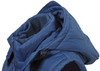A navy blue padded vest with a high collar and hood, showcasing its soft interior lining and zippers.