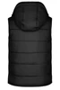 A black padded vest with a hood, featuring horizontal quilted panels and a simple design.